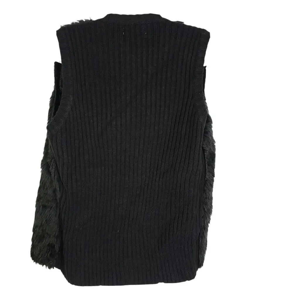 JJ Basics Womens Vest Size Large Faux Fur Black Sleeveless Lined Ribbed Back
